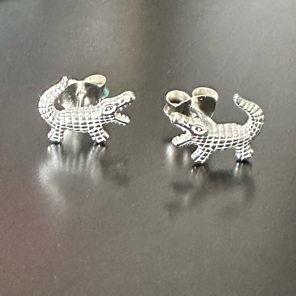 Sterling Silver Tiny Crocodile Stud Earrings - Picture 7 of 8